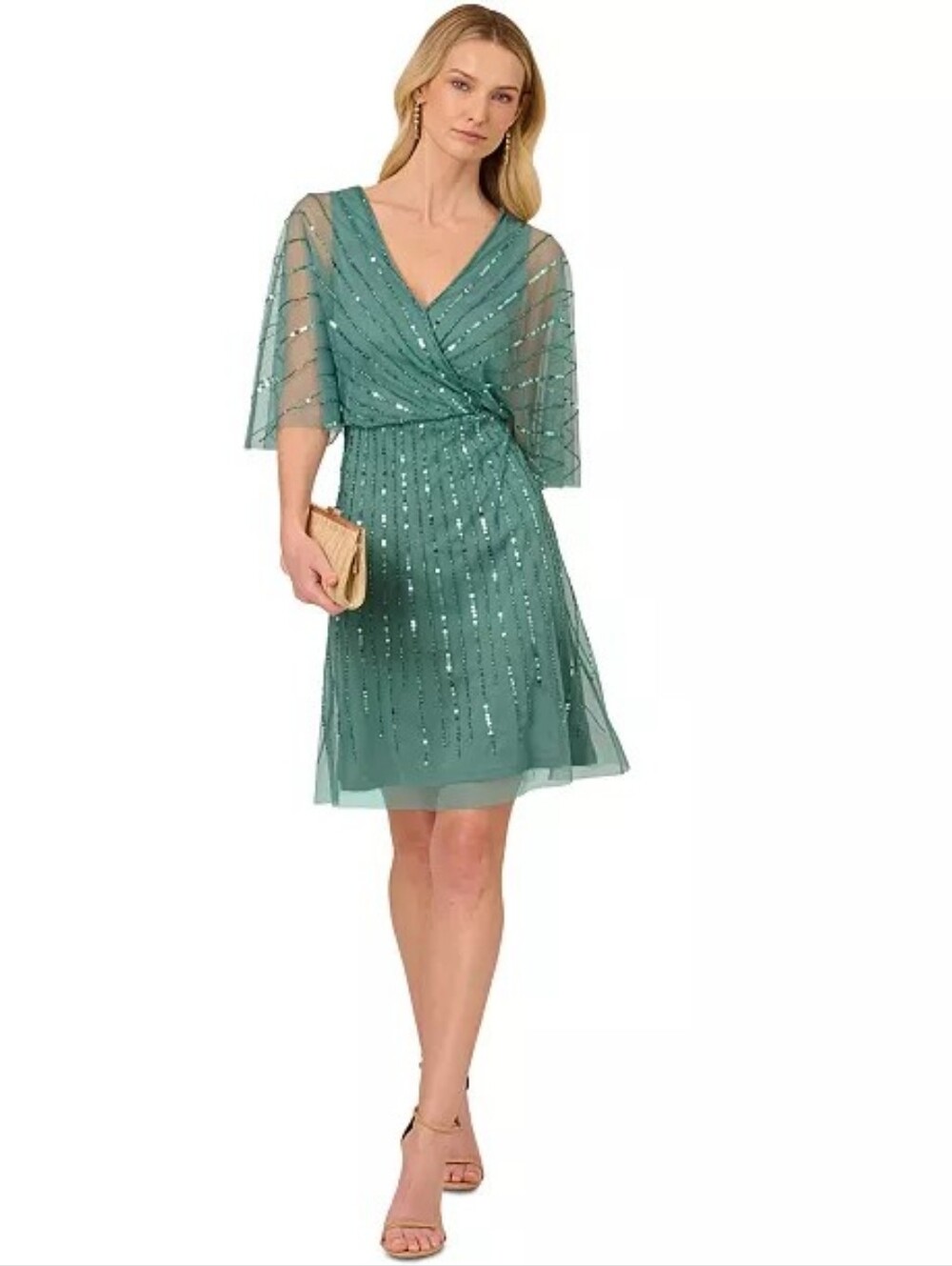 Adrianna Papell Teal Sequin Wrap Midi Dress